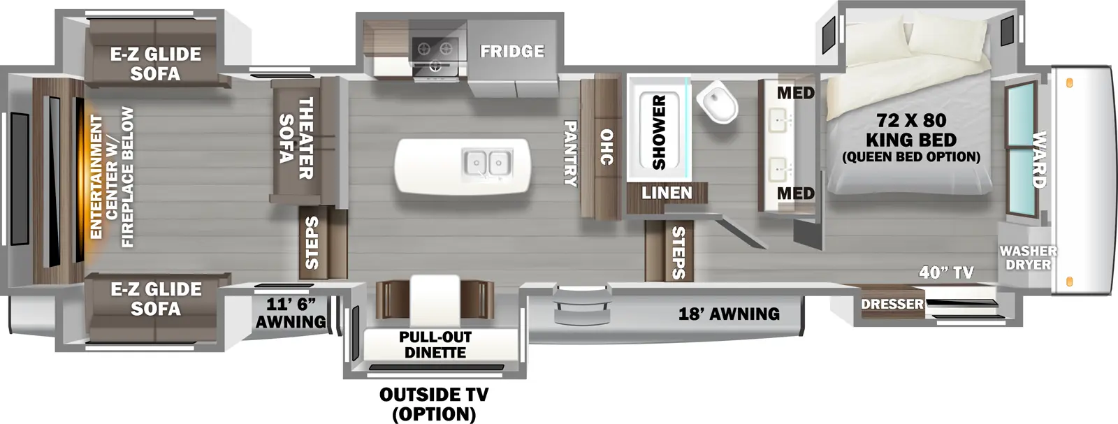 The 419RD has 6 slideouts and one entry. Exterior features an 11 foot 6 inch awning, and 18 foot awning, and an optional outside TV. Interior layout front to back: wardrobe with washer/dryer, off-door side king bed slideout (optional queen bed), and door side slideout with dresser and TV; off-door side full bathroom with dual sinks and medicine cabinets, and linen closet; steps down to main living area and entry; pantry and overhead cabinet along inner wall; kitchen island with sink; off-door side slideout with refrigerator, cooktop, and microwave; door side slideout with pull-out dinette; steps up to rear living room with theater sofa along inner wall, opposing E-Z glide sofa slideouts, and rear entertainment center with fireplace below.